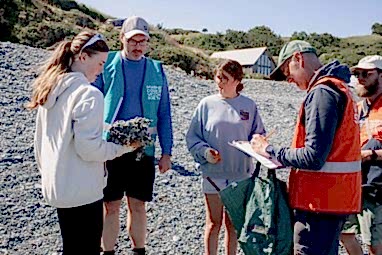Marine Conservation Society staff working with young people on a beach. One girl is holding a large litter item, while a staff member fills out the litter survey paper form.