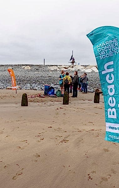 A beach with a flag in the foreground that reads "Marine Conservation Society Beach Clean"