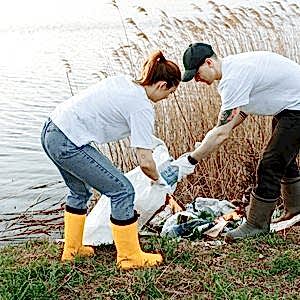 A man and woman putting litter into a white dustbin bag in front of a river. They ar wearing wellies and strong gloves.