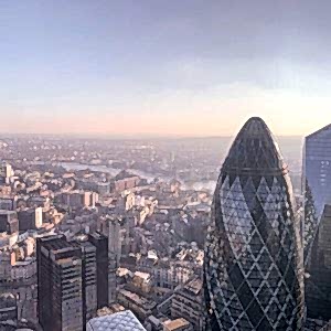 A view of the London skyline at dawn with the Gherkin in the foreground.