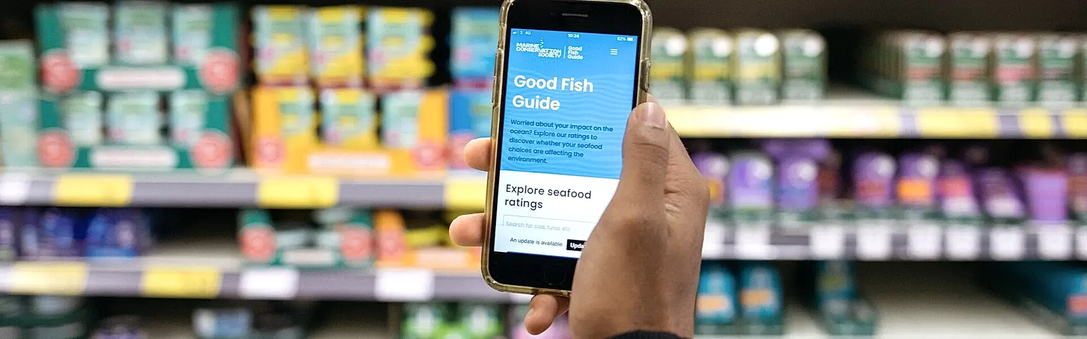 A hand holding up a phone with Marine Conservation Society's Good Fish Guide app on the screen. In the background is a blurred supermarket shelf filled with food products.